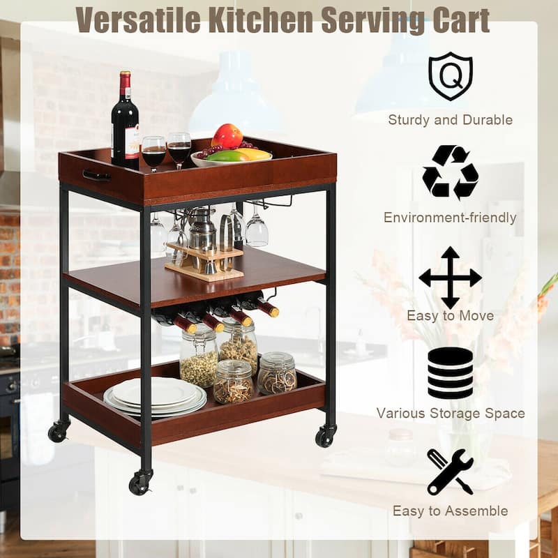 Gymax 3 Tier Trolley Cart Kitchen Island Serving Bar Cart w/ Glass