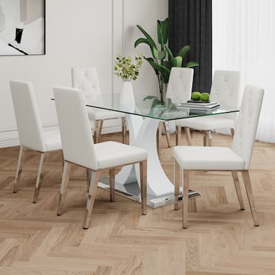 Modern Style Glass Table,Durable Support Base,Dining Chair Set For Restaurant Kitchens(Set of 7)