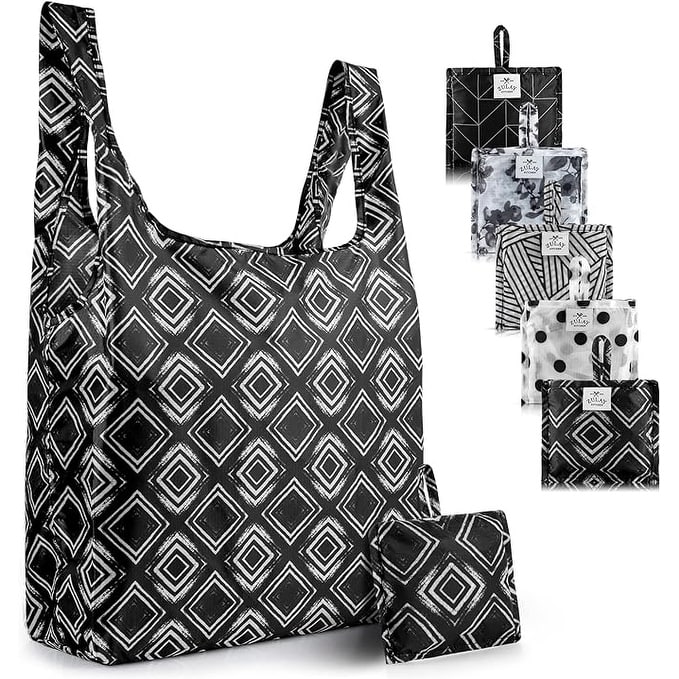 Zulay Kitchen 5 Pack 50 Pound Reusable Grocery Bags - Black & White Patterns