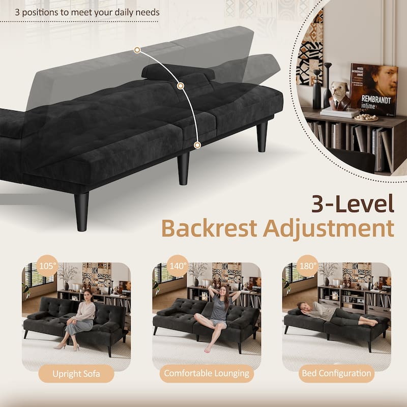 3-in-1 Convertible Sofa Bed with Folding Cup Holders & Adjustable Backrest – Modern Futon with Removable Armrests