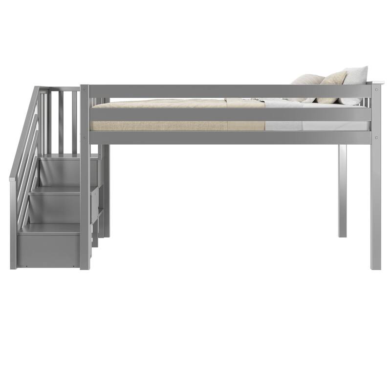 Now Furniture Solid Wood Twin Low Loft Bed with Staircase