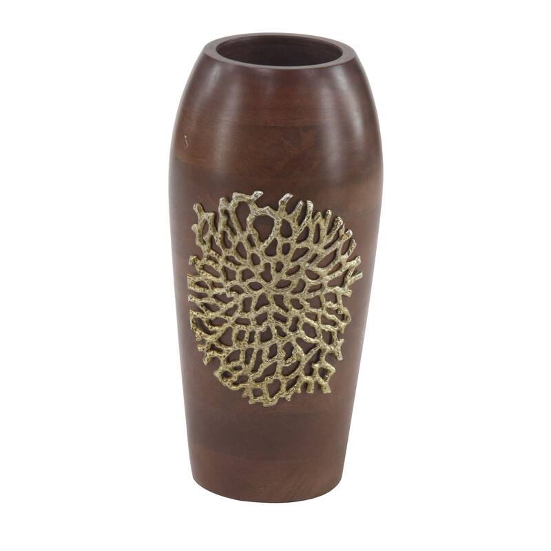Large Cylinder Natural Wood Vase with Gold Metal Coral Design 7 x 15