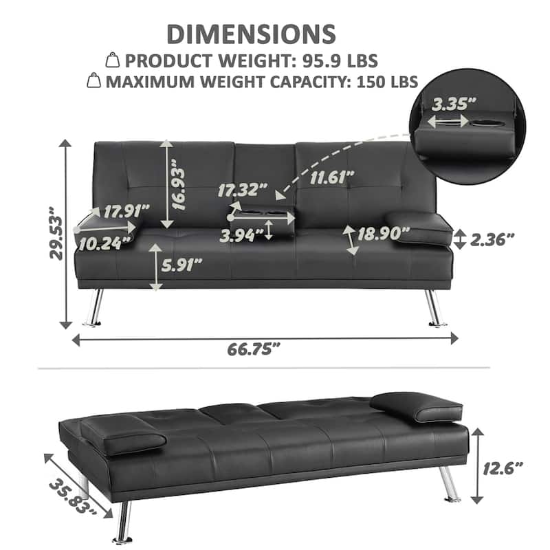 Convertible Futon Sofa Bed with Armrests & Cupholders - Faux Leather Reclining Couch for Small Spaces