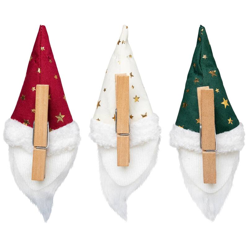Santa Hat Gnome with Stars Clip-On Christmas Ornaments - 6" - Set of 3
