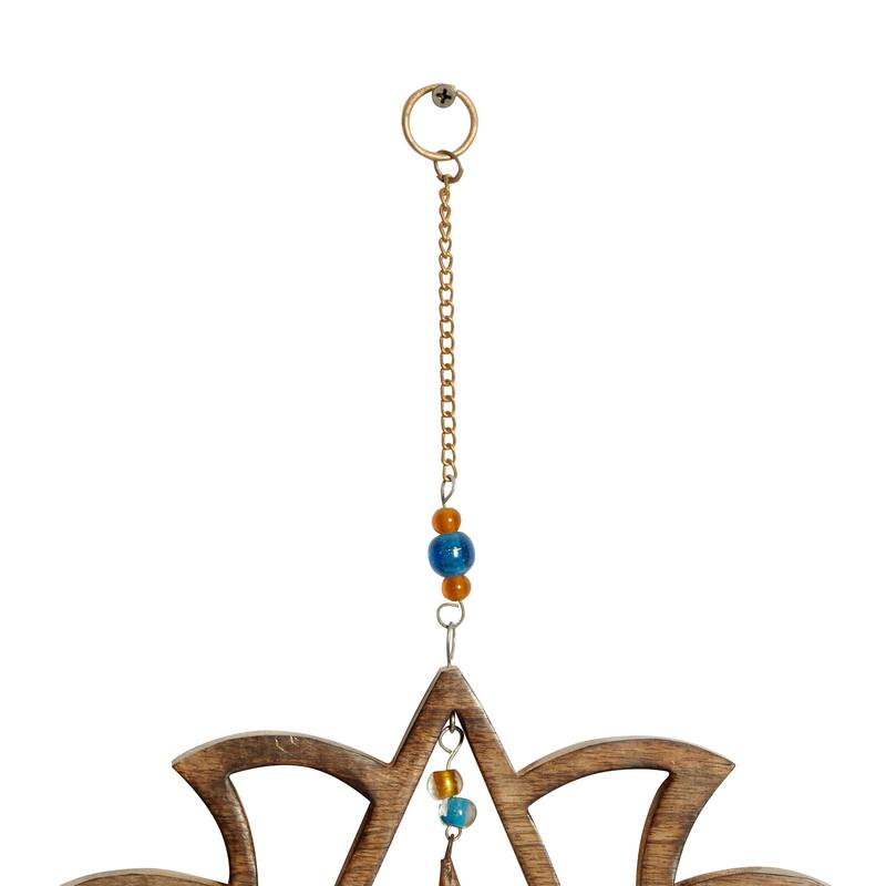 Mango Wood Floral Lotus Windchime with Glass Beads and Cone Bells - Gold - Roche River Decor