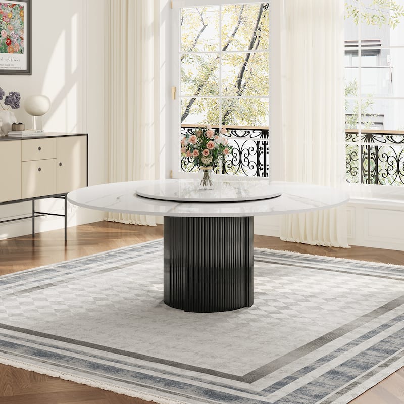 59" Modern Round Dining Table for 6-8, Glossy White Sintered stone Table top, Steel Grille column base