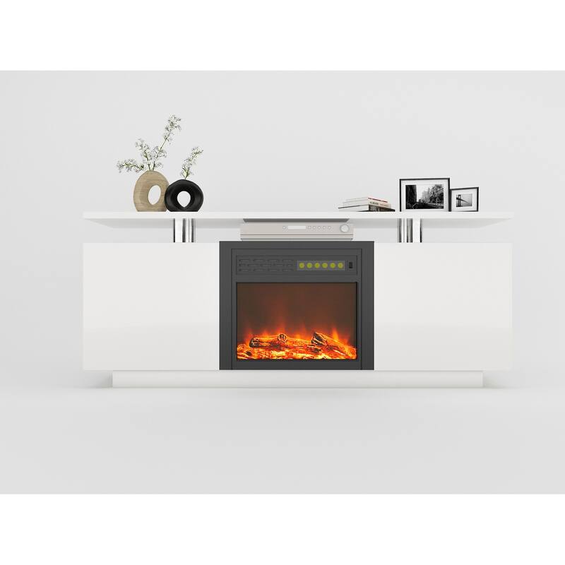 70" High Gloss TV Stand with Built-In Electric Fireplace, 9-Color Flame, Storage Shelves & Remote, for 80" TVs