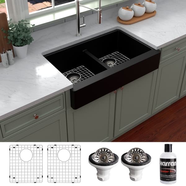 slide 2 of 77, Karran Retrofit Farmhouse Quartz 34 in. Double Bowl 50/50 Sink Kit