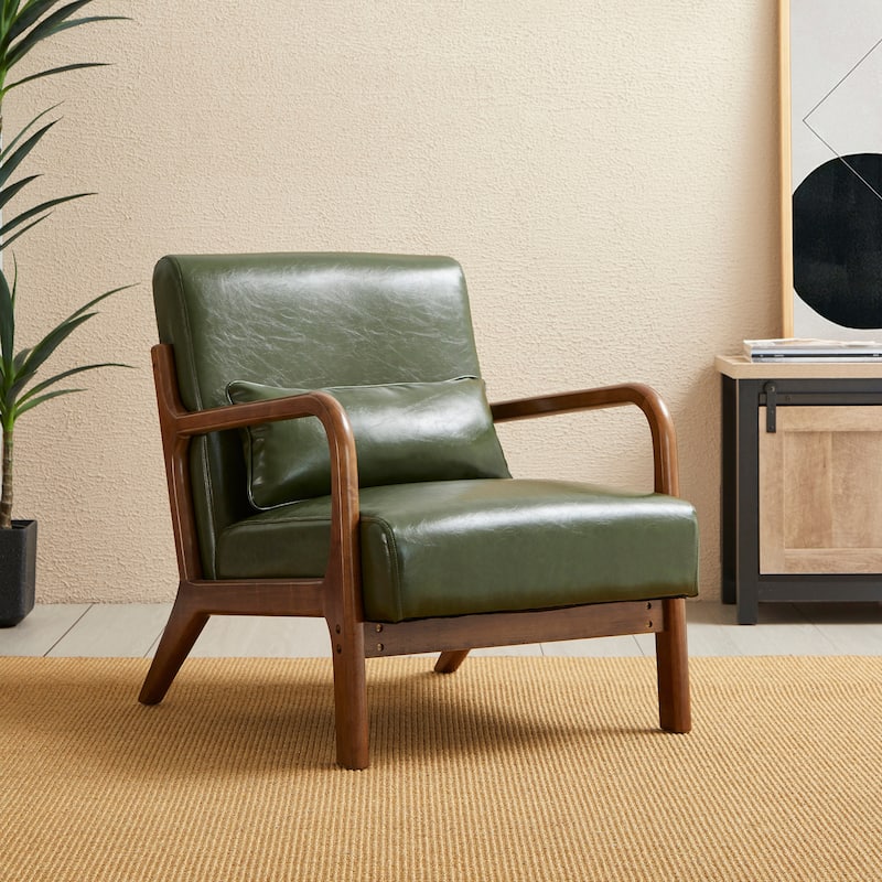 Glitzhome 30.75"H Mid-Century Modern PU Leather Armchair Accent Chair with Pillow - 25.75"W x 33.75"D x 30.75"H - Green