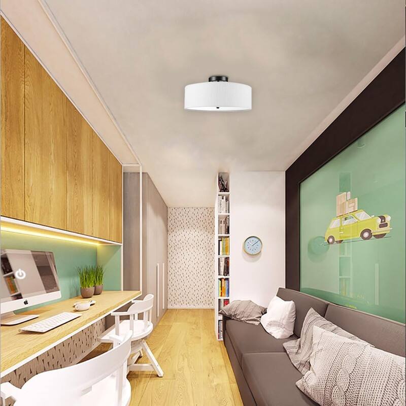 2 Light low profile flush mount light dark bronze, linen shade white light fixture metal ceiling light - N/A