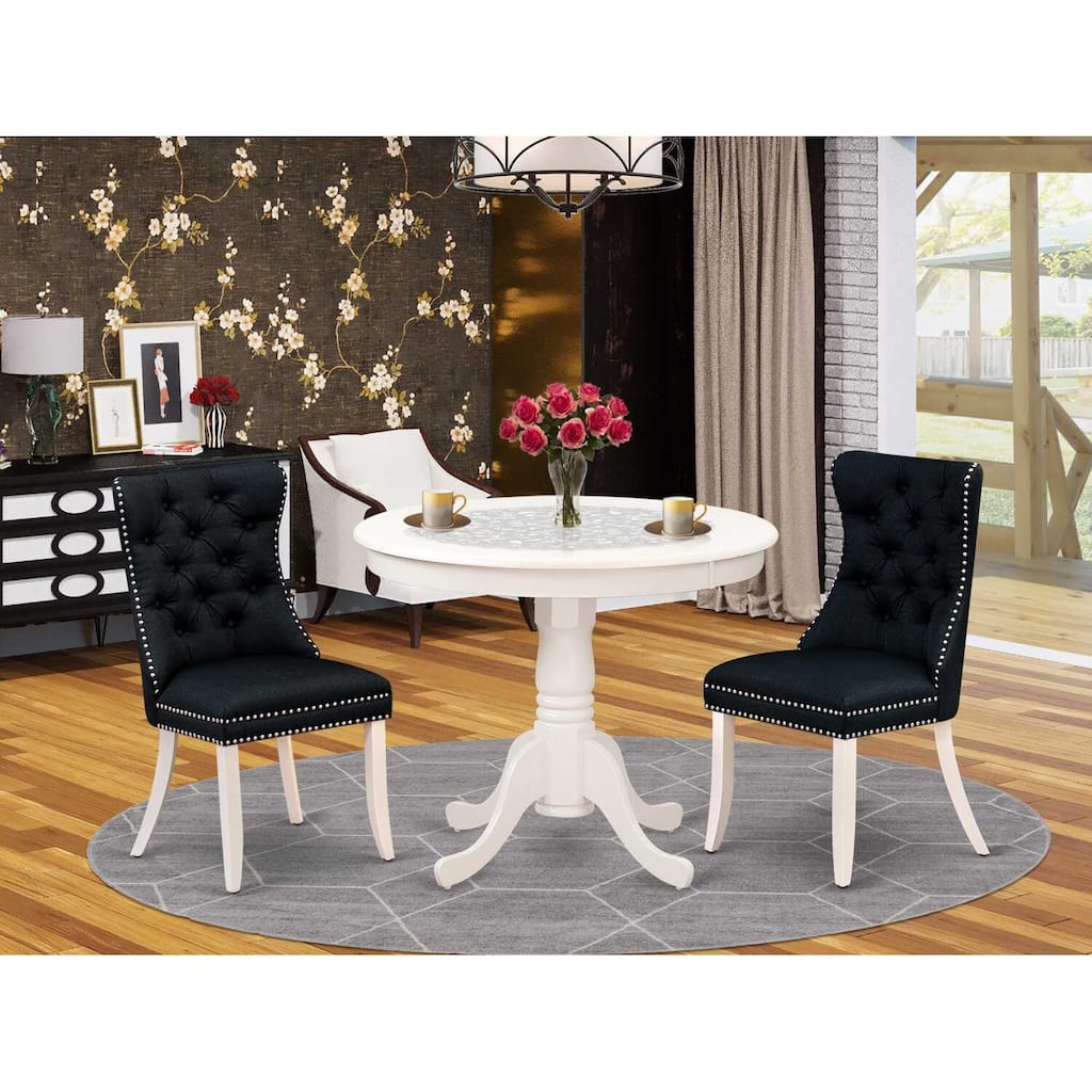 3-Piece Linen White Finish Solid Wood Top - Round Upholstered Dining Room Set - Seats 4