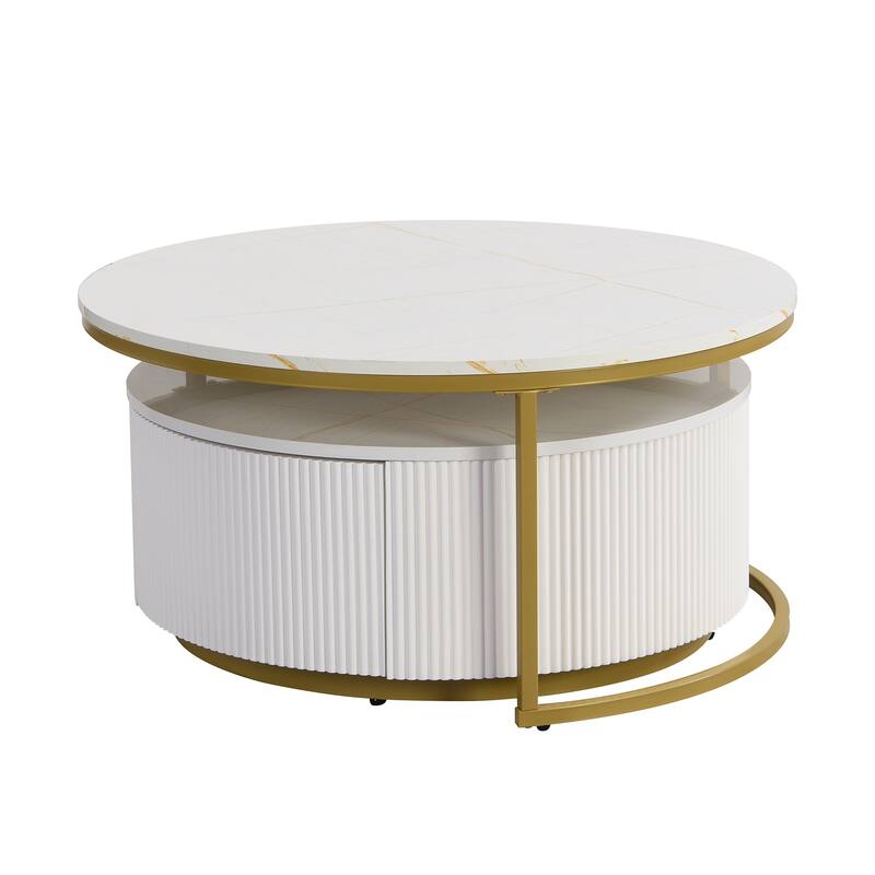 Modern Round Nesting Coffee Table with Drawer and Gold Base for Living Room