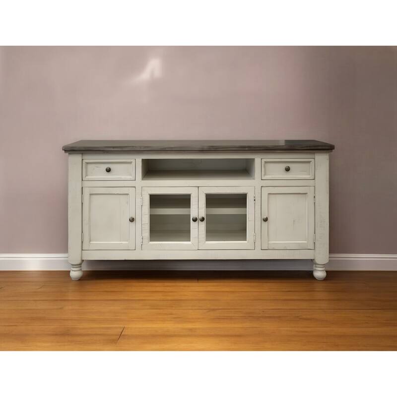 HomeRoots 79" Ivory Solid Wood Open shelving Distressed TV Stand - 78.75' X '34.75' X '19 - Ivory - 78.75' X '34.75' X '19