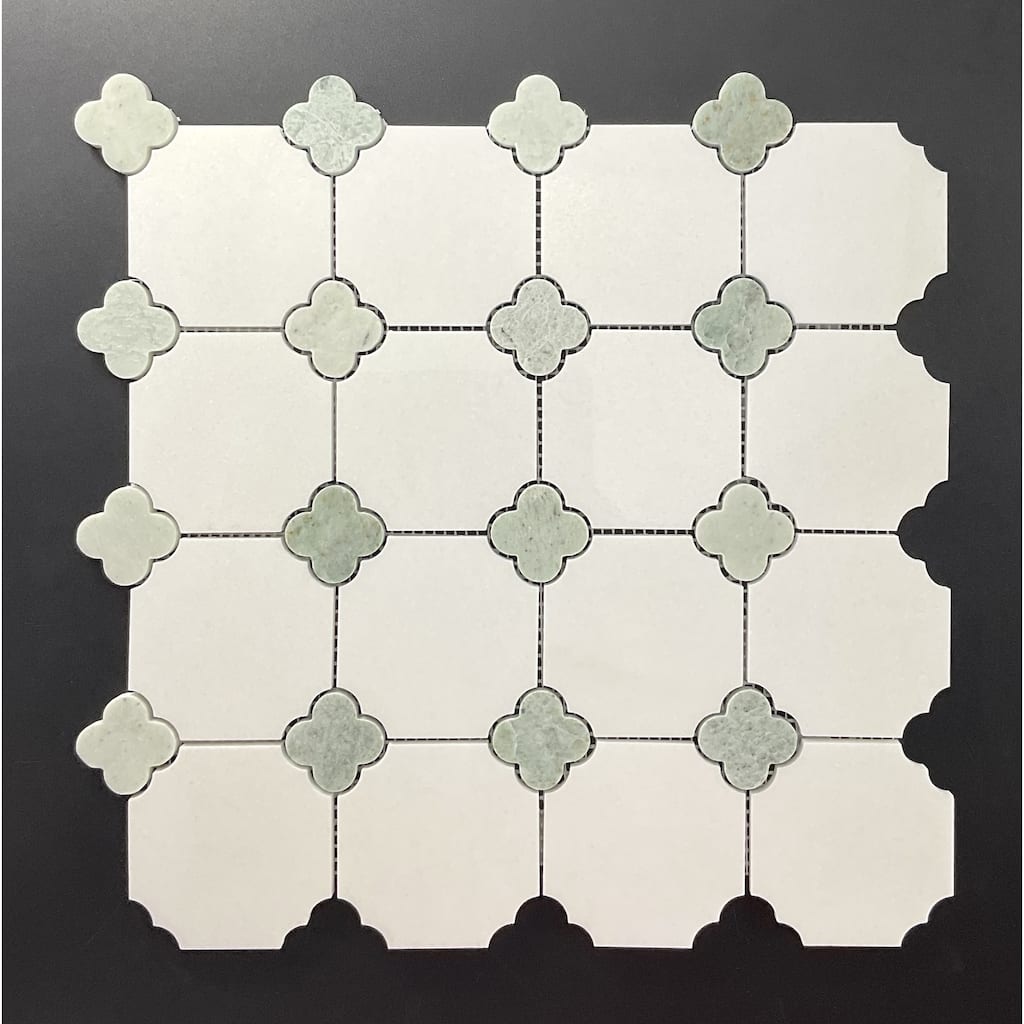 Thassos White With Ming Green Clover Novelty Marble Mosaic Tile - Case (10 Sheets)