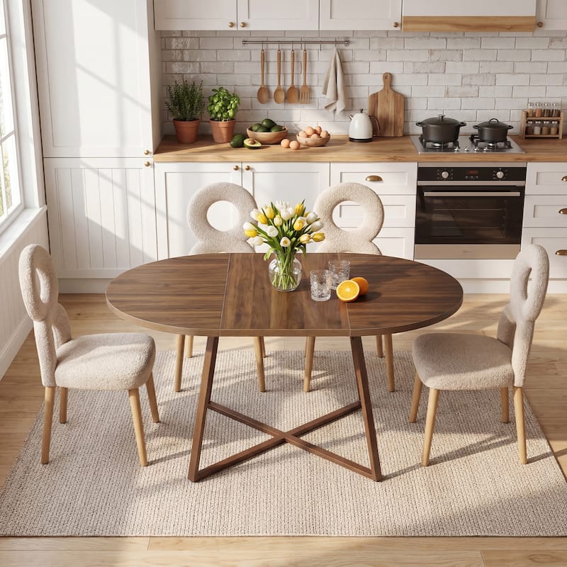 59-Inch Round Dining Table for 4-6 Persons Sturdy X-Shaped Metal Base | Waterproof & Scratch-Resistant Tabletop | Easy Assembly