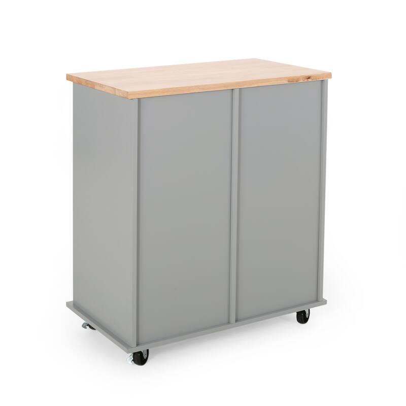 Fixed Wheel Rolling Modern Kitchen Utility Cart with 2 Drawers, 1 Cabinet, 3 Shelves and Rubberwood Top, Gray