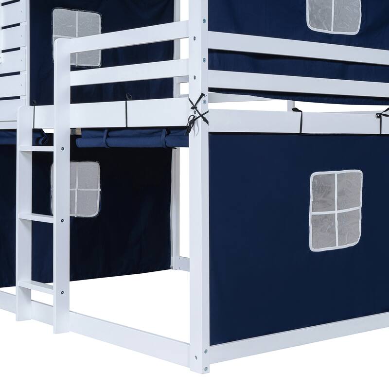 Blue Full Size Solid Wood House Bunk Bed with Tent, Ladder and Fence for Kids, Bedroom