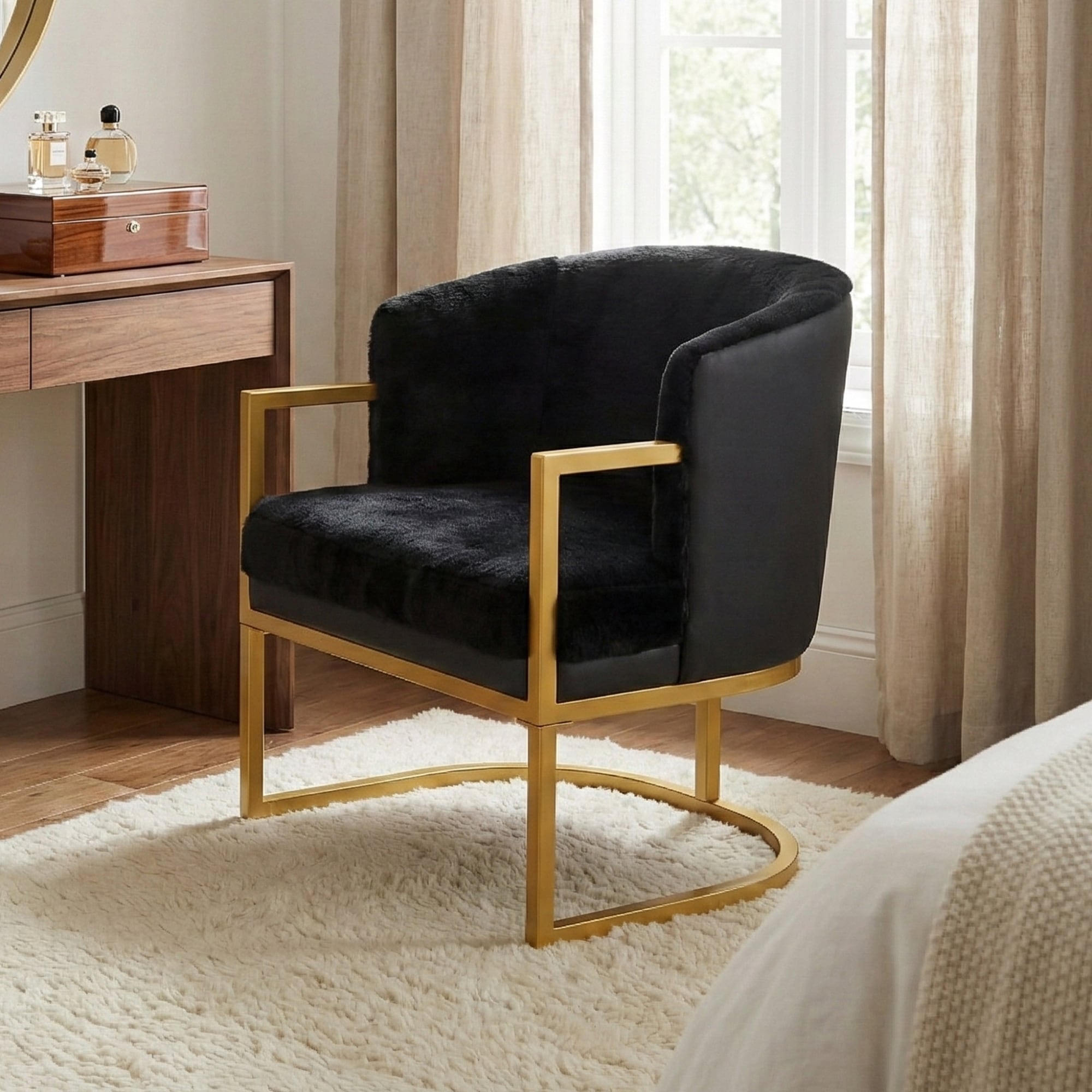 Black Fuzzy Accent Chair with Gold Metal Frame, Upholstered Armchair for Living Room Bedroom