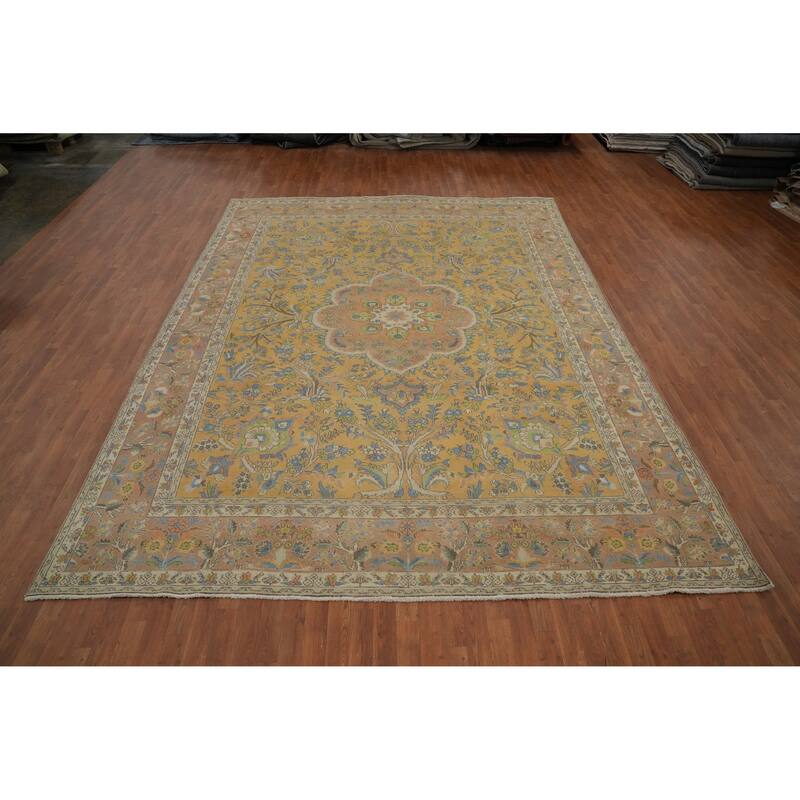 Hand Knotted Oriental 100% Wool Carpet Traditional Floral Yellow & Gold Mashad Area Rug - 12' 11'' X 9' 7''