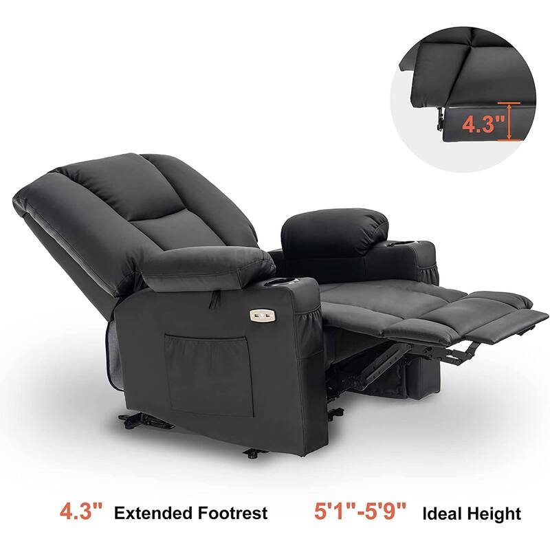Mcombo Electric Power Recliner with Massage & Heat, Extended Footrest, 2 USB Ports, Side Pockets, Cup Holders, Faux Leather 8015