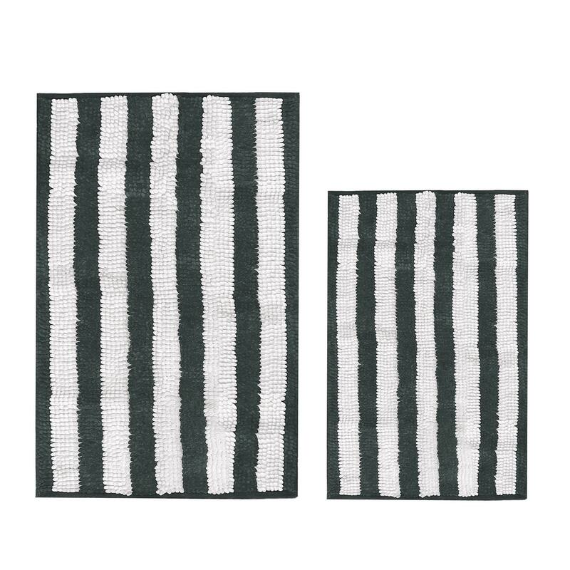Large 2 Piece Set Charcoal Grey White Stripe Soft Cozy Plush Chenille Bath Mat Bathroom Rug