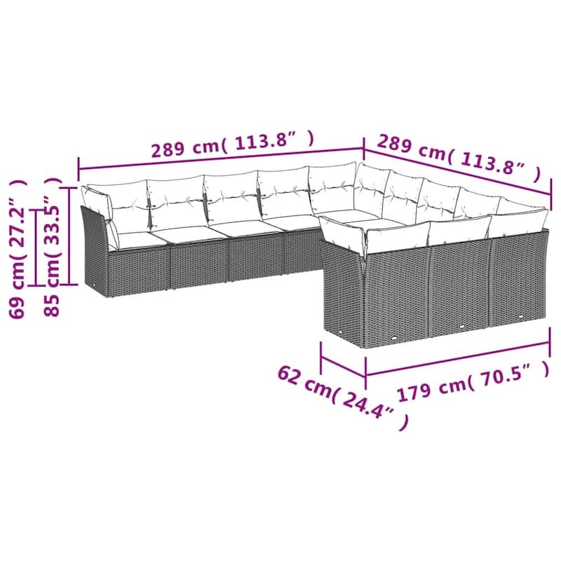 vidaXL Patio Sofa Set with Cushions Outdoor Conversation Furniture Poly Rattan - 21.7" x 24.4" x 27.2"