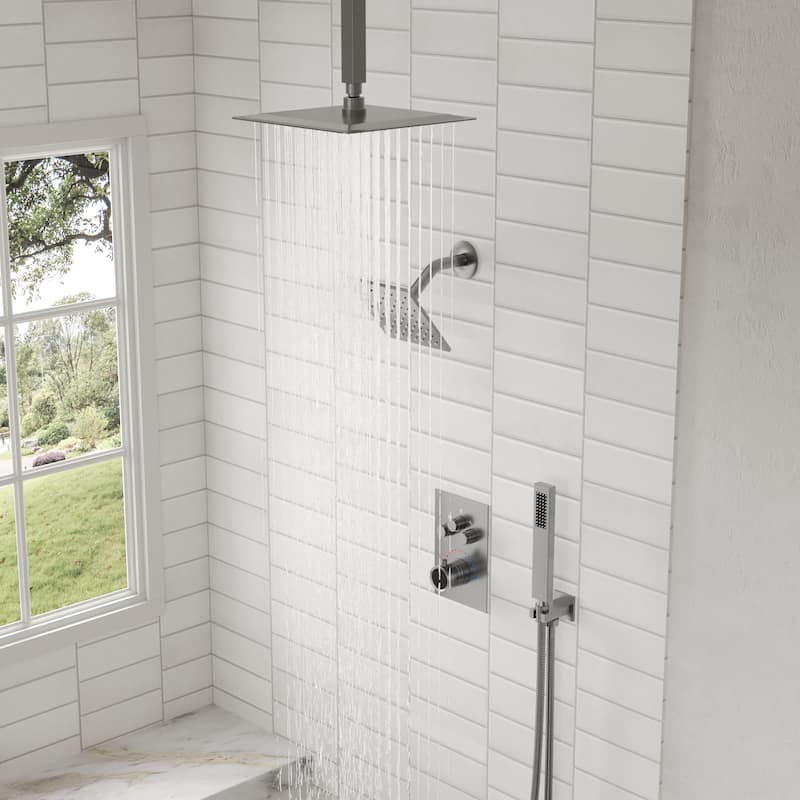 Thermostatic Shower Faucet, 12" High-Pressure Dual Showerheads System with Rough-In Valve