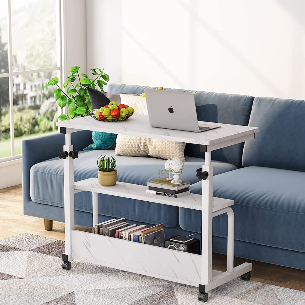 C-shaped End Table, Height Adjustable Sofa Side Table with Wheels