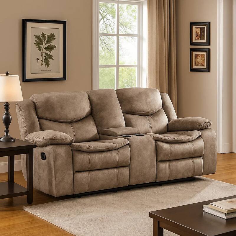 Joe 79 Inch Manual Dual Glider Recliner Loveseat, Console, Brown Microfiber