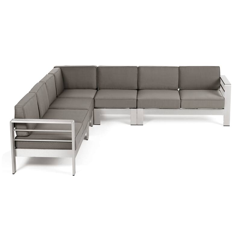 Cape Coral Outdoor 7-seat Aluminum Sectional Sofa Set by Christopher Knight Home - silver + khaki cushion