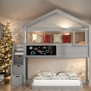 Twin over Full House Bunk Bed with Storage Staircase and Blackboard