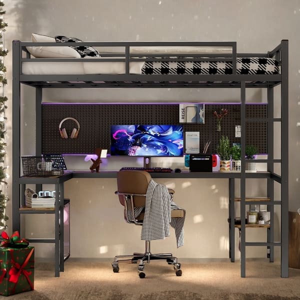 slide 2 of 13, Full XL Metal Loft Bed with Desk and Bookshelf,Black Black
