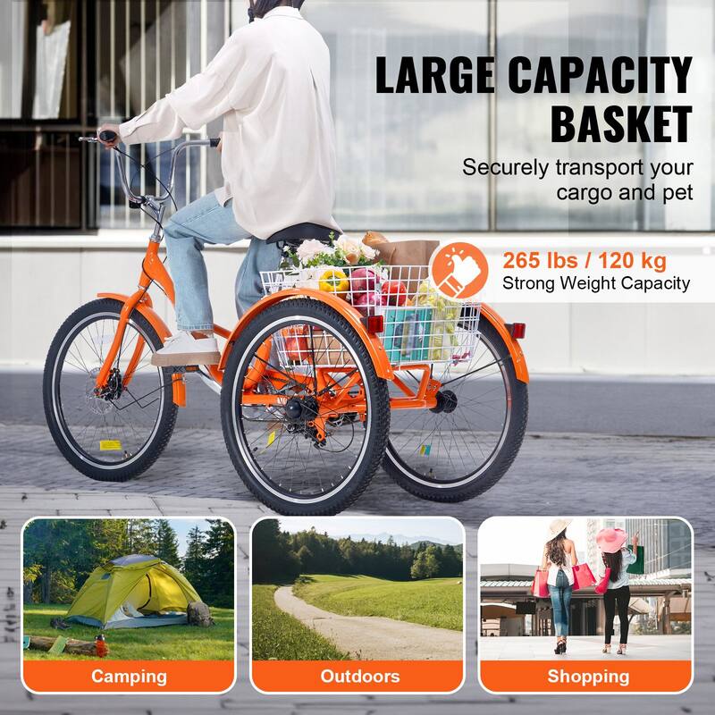 Orange Aluminum Folding Adult Tricycle with Basket and Dual Brakes - 61.8” L x 29.9” W x 40.4” H