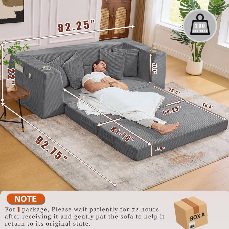 2 in 1 Convertible Sofa Bed, Sleeper Sofa with Storage Pockets, Pull Out Loveseat Couch with Two Cup Holders