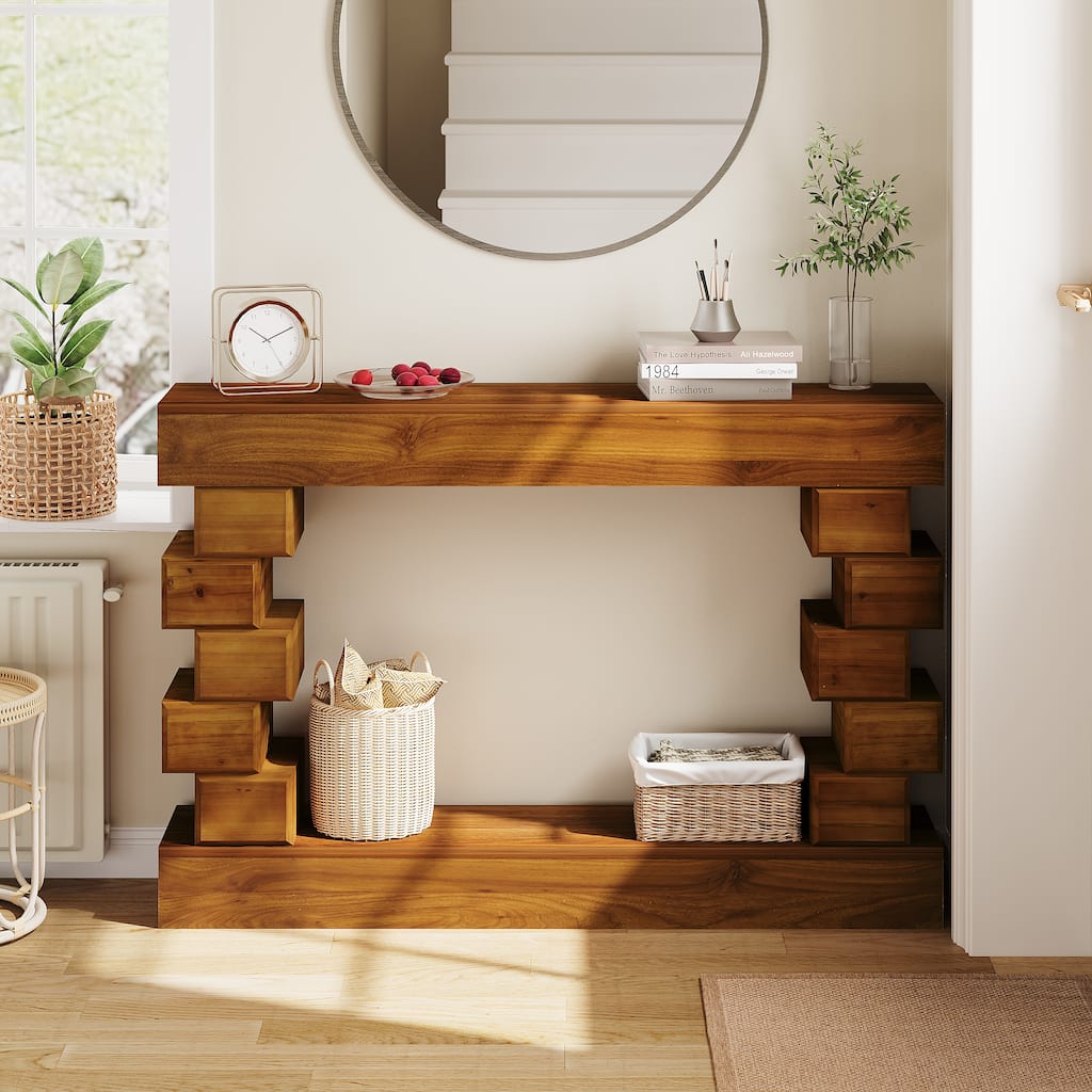 Geometric Block Stacked Entryway Console Table, 47" Wooden Narrow Sofa Table