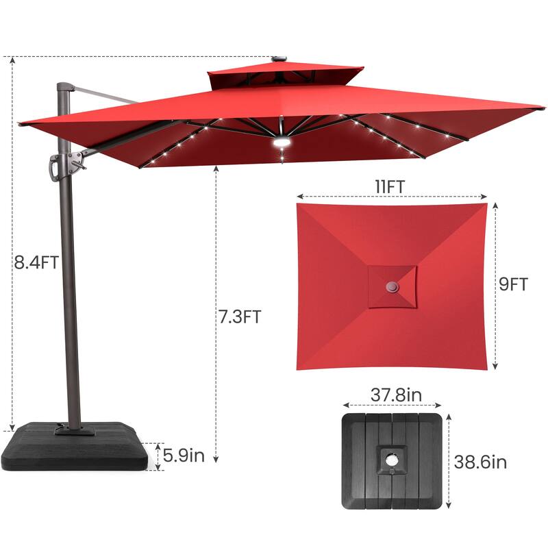 9 x11 FT Patio LED Lighted Cantilever Umbrella with Weighted Base