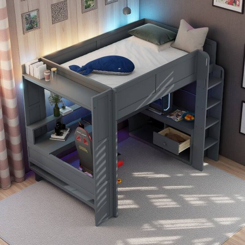 Full Size Loft Bed with Built-in Desk, LED Shelf Lighting, Charging Ports, and Storage Cabinet, Dark Gray Wood Frame - Full Dark Gray - Full