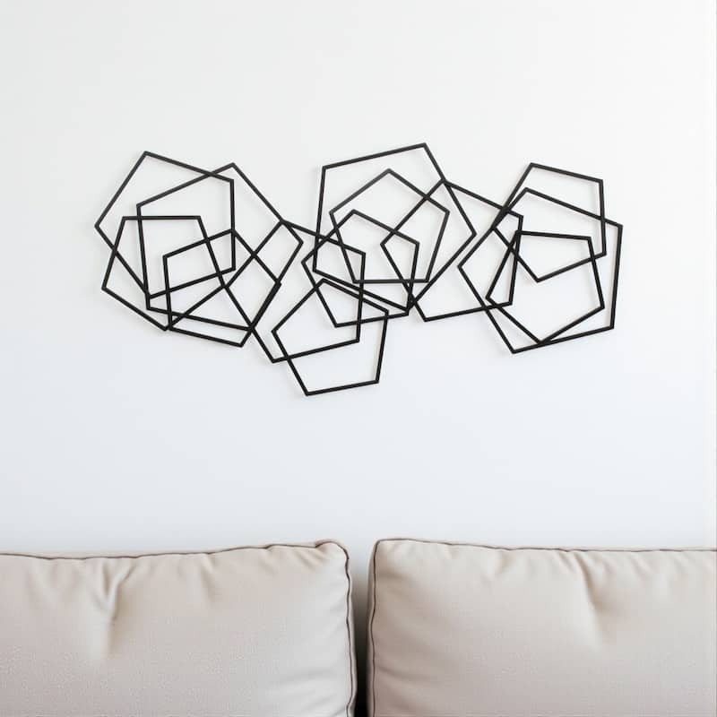 HomeRoots 24" X 48" Black Geometric Metal Abstract Hanging Dimensional Sculpture - Black - 47.75 in. x 24.00 in.  x 1.50 in.
