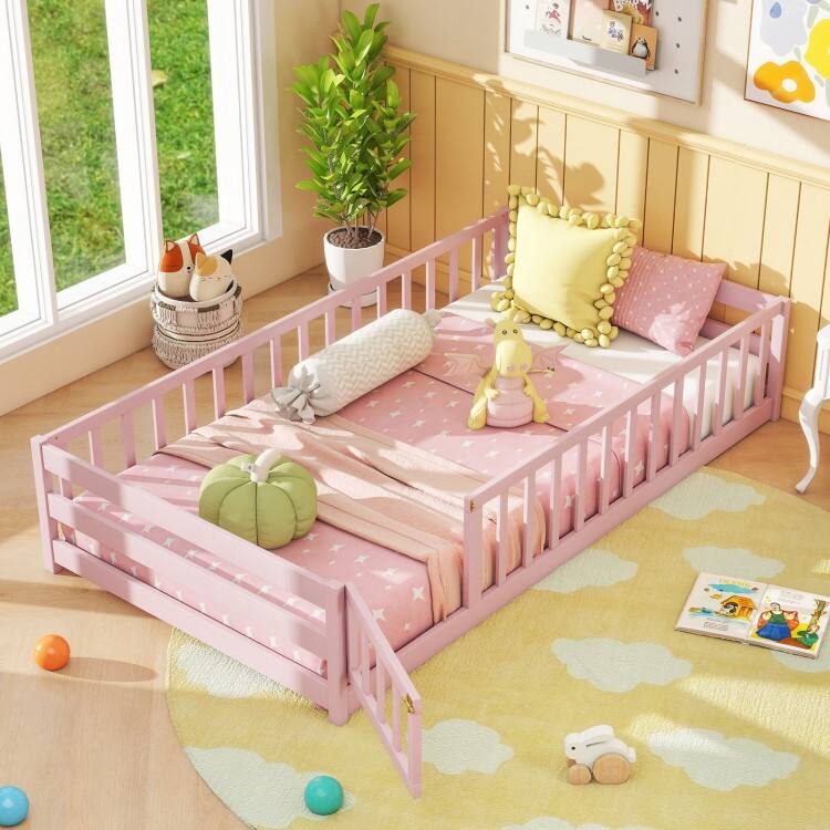 Twin Size Kids Wood Montessori Floor Bed with Door and Fence