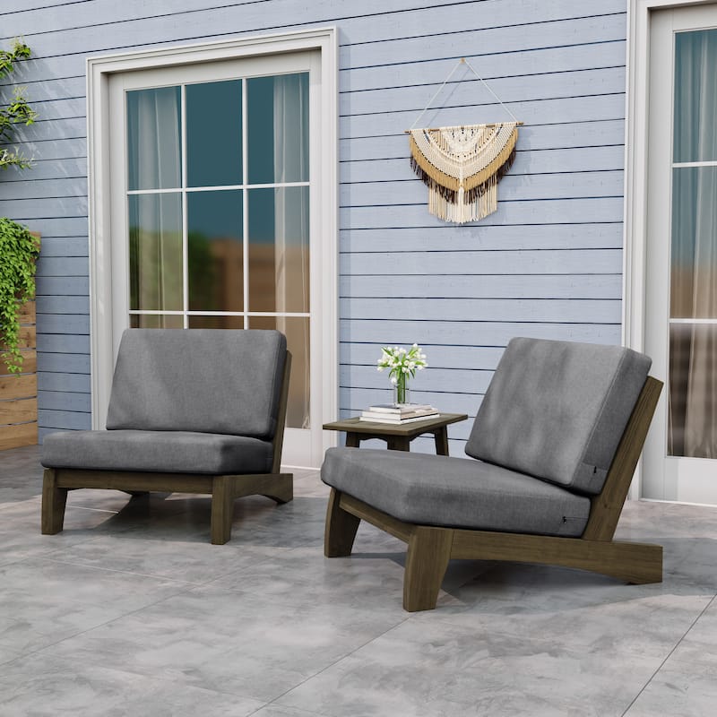 Outdoor Sectional Furniture Teak Conversation Set with Side Table - Brown Wood - Grey/2 Chairs