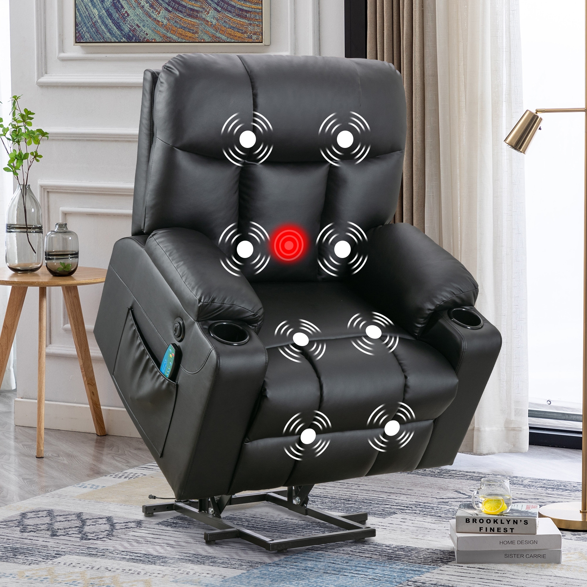 Oversized Power Lift Recliner Chair for Elderly, Faux Leather Lift Chair with Heated and Massage, Single Sofa with 2 Cup Holders