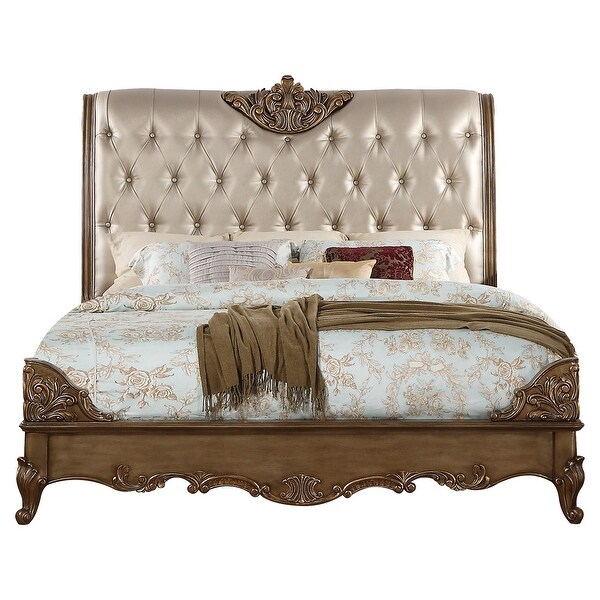 Button Tufted Sleigh California King Bed with Raised Scrolled Corners, Gold. Opens flyout.