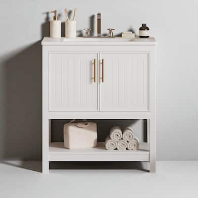 30" Freestanding Bathroom Vanity with Ceramic Sink, Gold Handles, Open Shelf, Soft-Close Doors, Small Space Design
