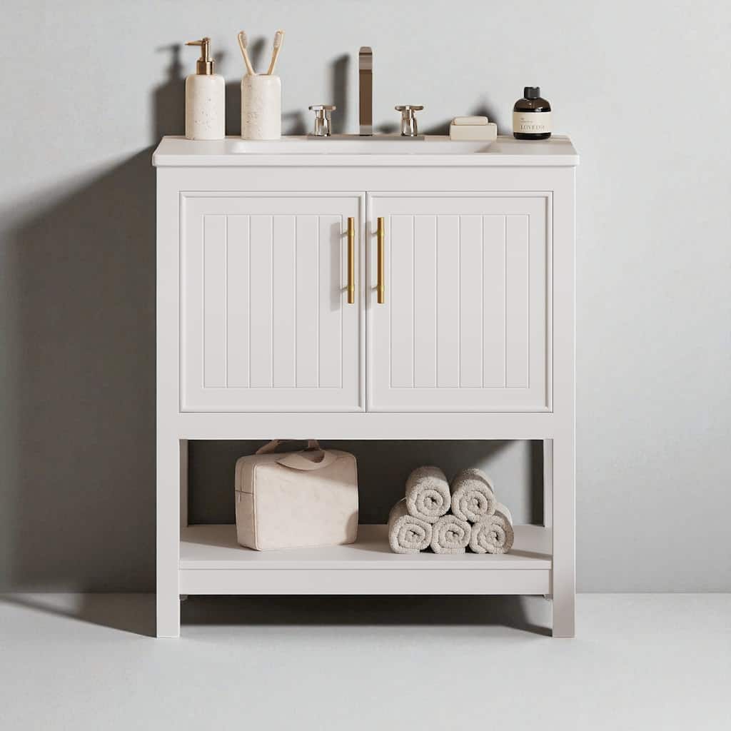 30" Freestanding Bathroom Vanity with Ceramic Sink, Gold Handles, Open Shelf, Soft-Close Doors, Small Space Design