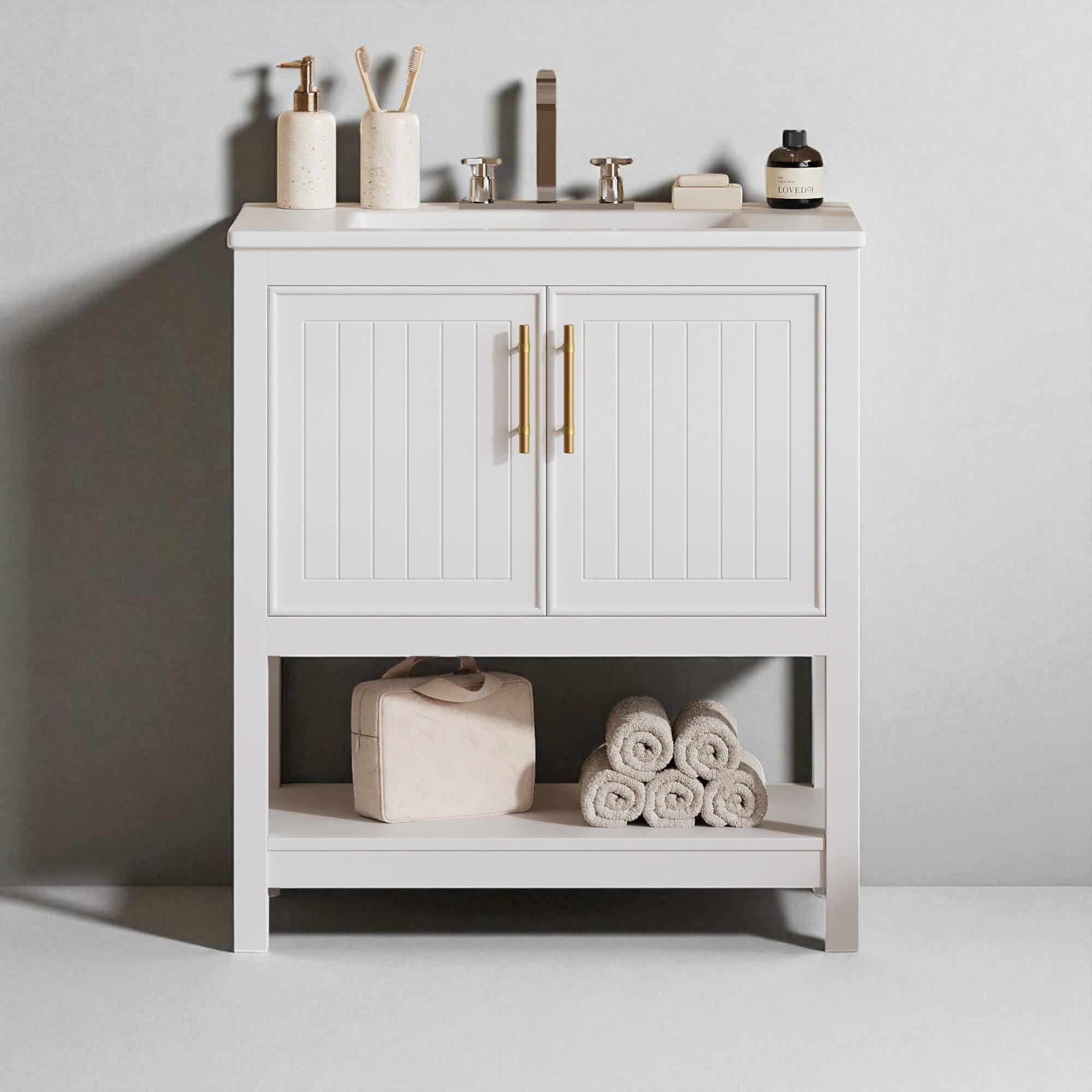 30" Freestanding Bathroom Vanity with Ceramic Sink, Gold Handles, Open Shelf, Soft-Close Doors, Small Space Design