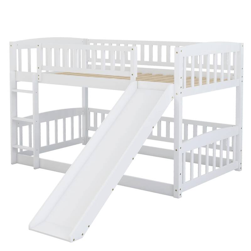 Twin-Over-Twin Low Bunk Bed with Built-in Ladder, Slide & Guardrail