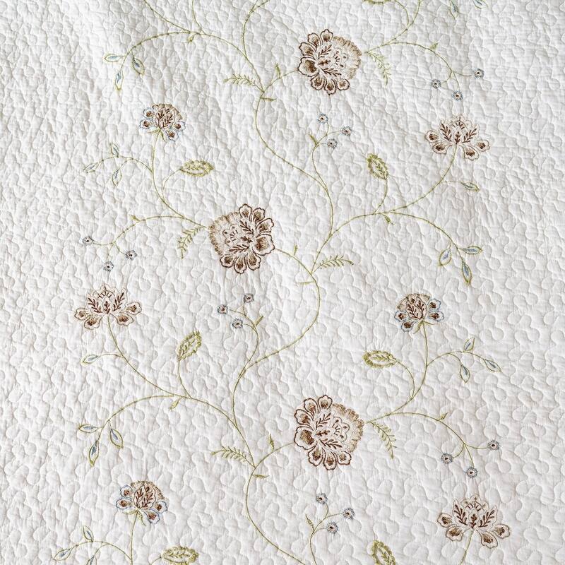 All Cotton Floral Embroidered Quilt Set, Washed, Lightweight, 3 Piece Bedding