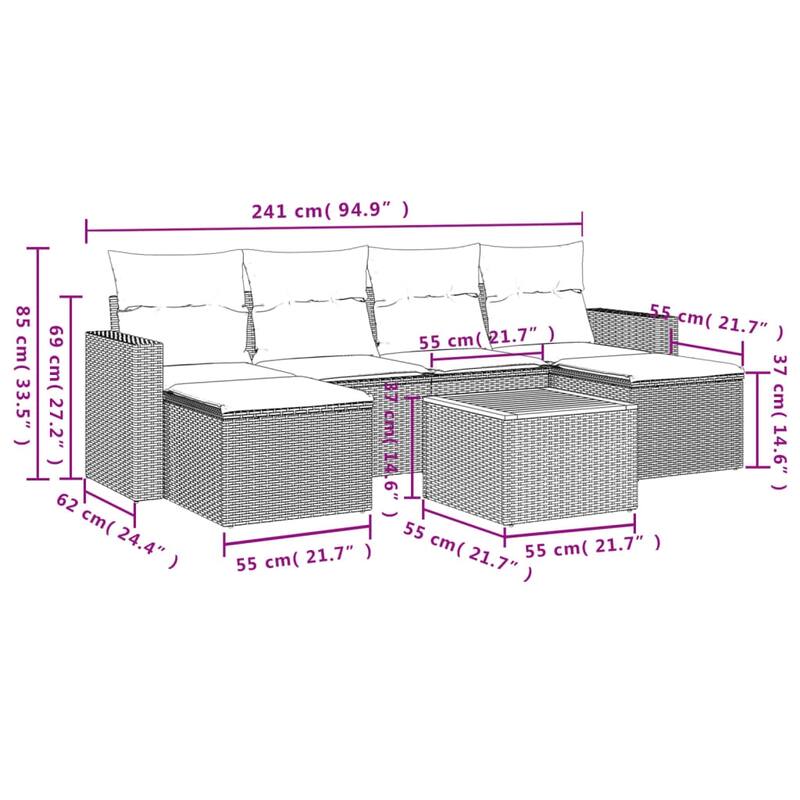 vidaXL Patio Sofa Set with Cushions Outdoor Furniture 7 Piece Poly Rattan - 21.7 x 21.7 x 14.6
