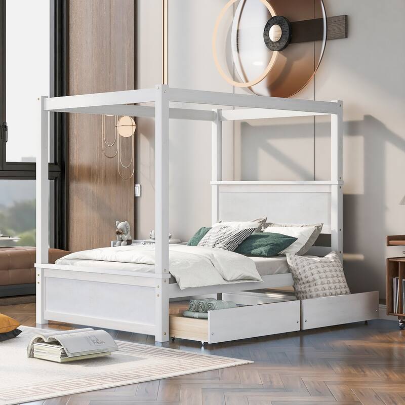 Full Size Wood Canopy Platform Bed with 2 Drawers, No Box Spring Needed, Brushed White Finish - White