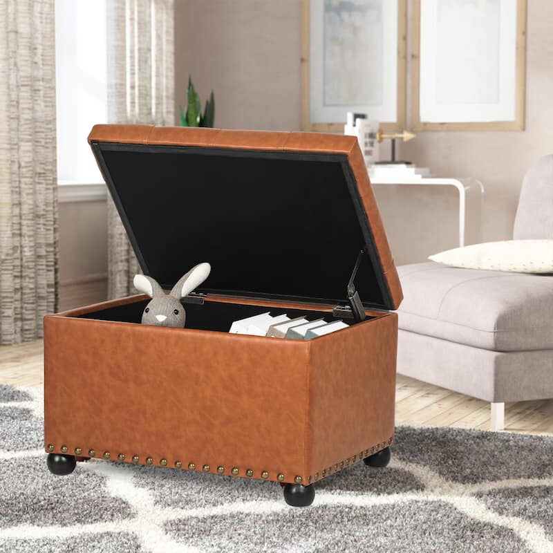 Adeco Tufted Bottom Bonded Leahter Brown Rectangle Storage Ottoman